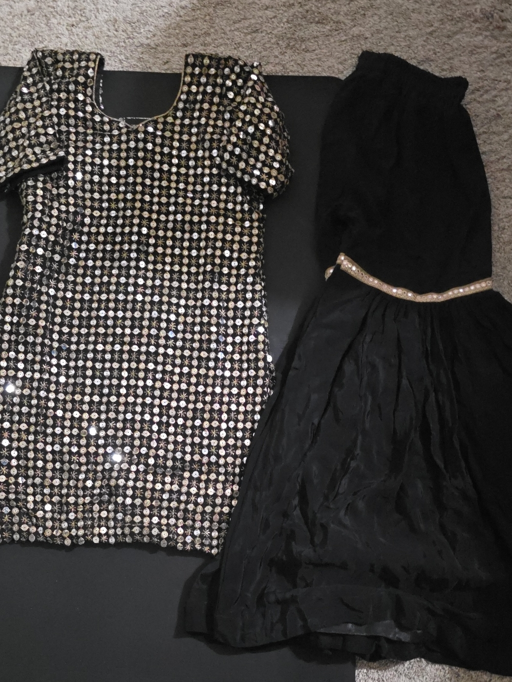 Black Sequin Short Sleeve Party Sharara with Gold Accents